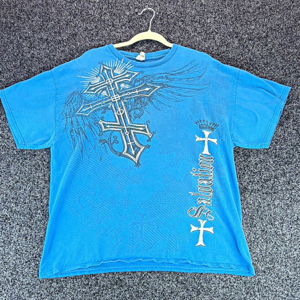 Gildan Men's Blue Religious Cross Graphic Crew Neck Short Sleeve Cotton Knit XL